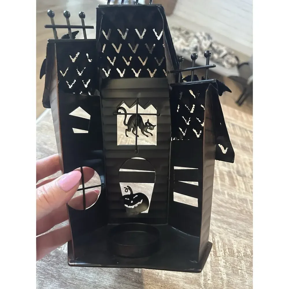 Rare Hallmark Metal Brass And Black Haunted House Tea Light Holder Halloween